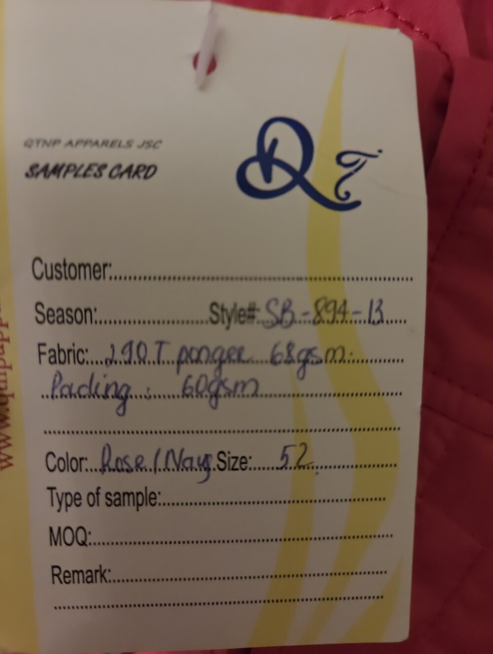 Sample Card - Rose Color Jacket - Picture 3 of 4